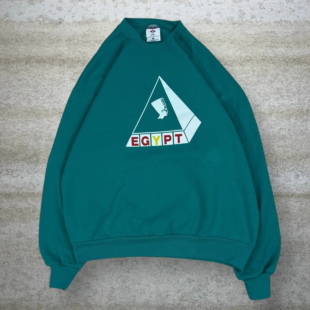 Vintage 90s Egypt Sweatshirt Mens XL Teal Blue Cotton Pullover Crewneck Made USA